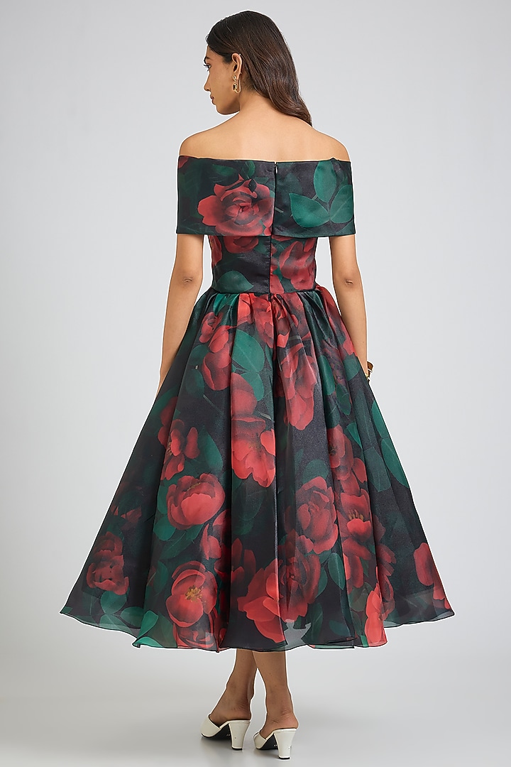 Black Organza Floral Printed Off-Shoulder Midi Party Wear Dress by Gauri And Nainika at Pernia's Pop Up Shop